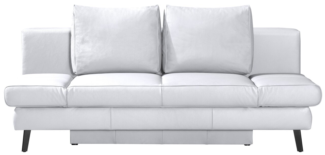 Weißes Querschläfer-Sofa mit zwei großen Rückenkissen, frontal betrachtet.