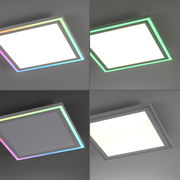 Moderne quadratische Deckenleuchte mit RGB-Farbwechsel, aus der Perspektive von unten betrachtet.