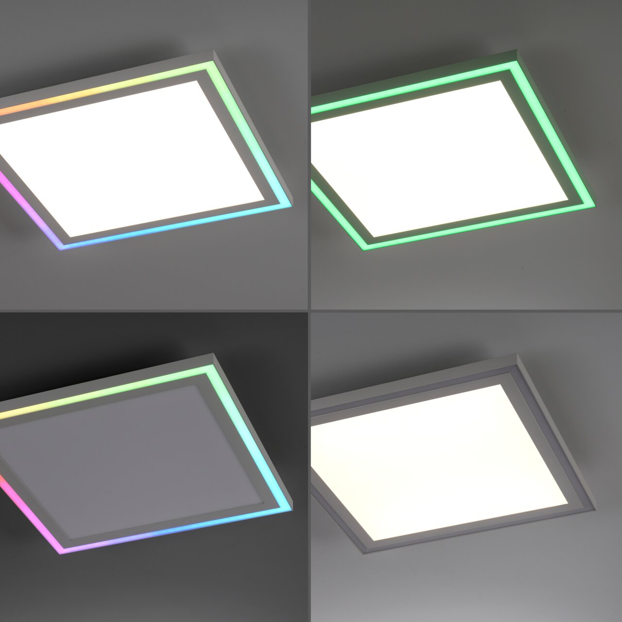 Moderne quadratische Deckenleuchte mit RGB-Farbwechsel, aus der Perspektive von unten betrachtet.