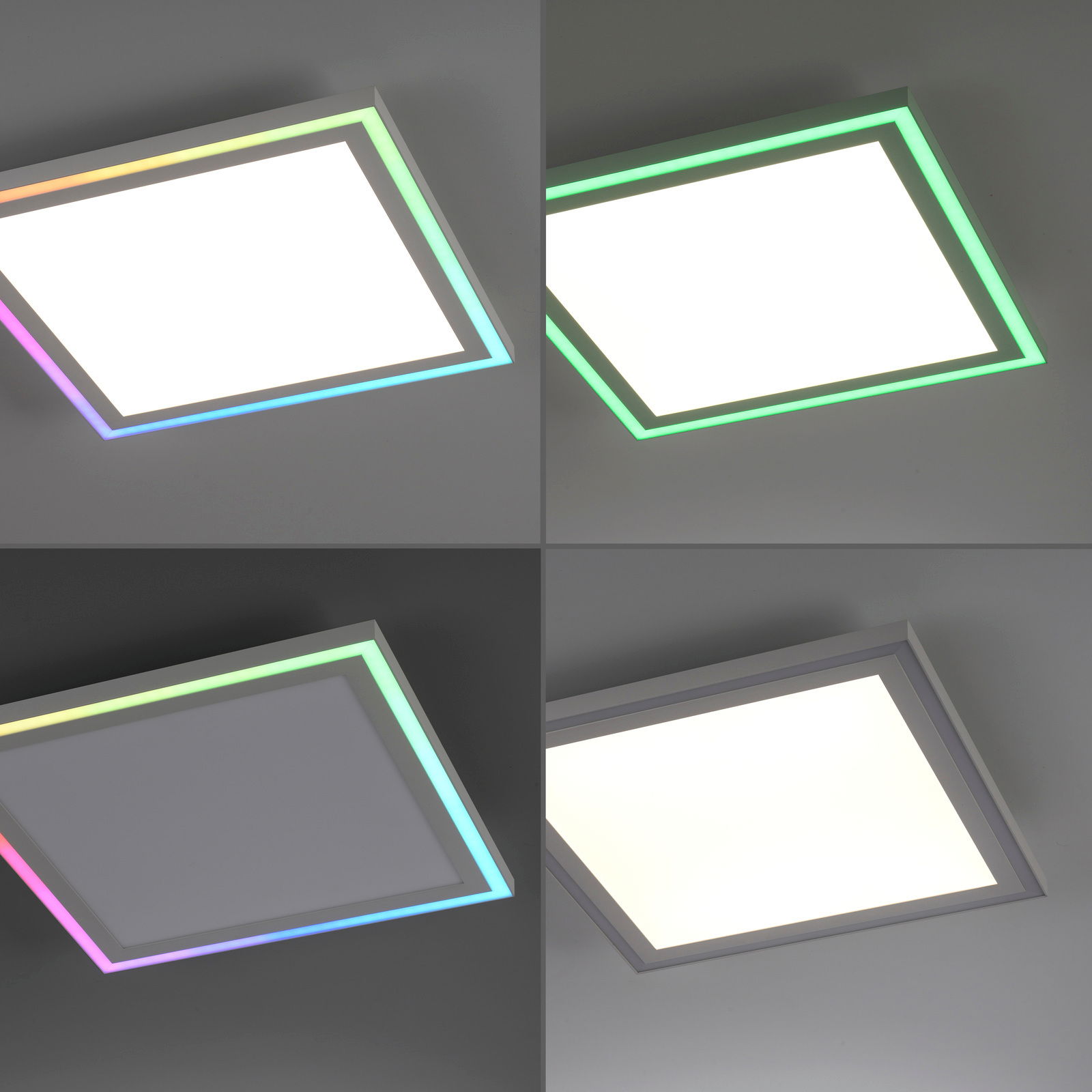 Moderne quadratische Deckenleuchte mit RGB-Farbwechsel, aus der Perspektive von unten betrachtet.