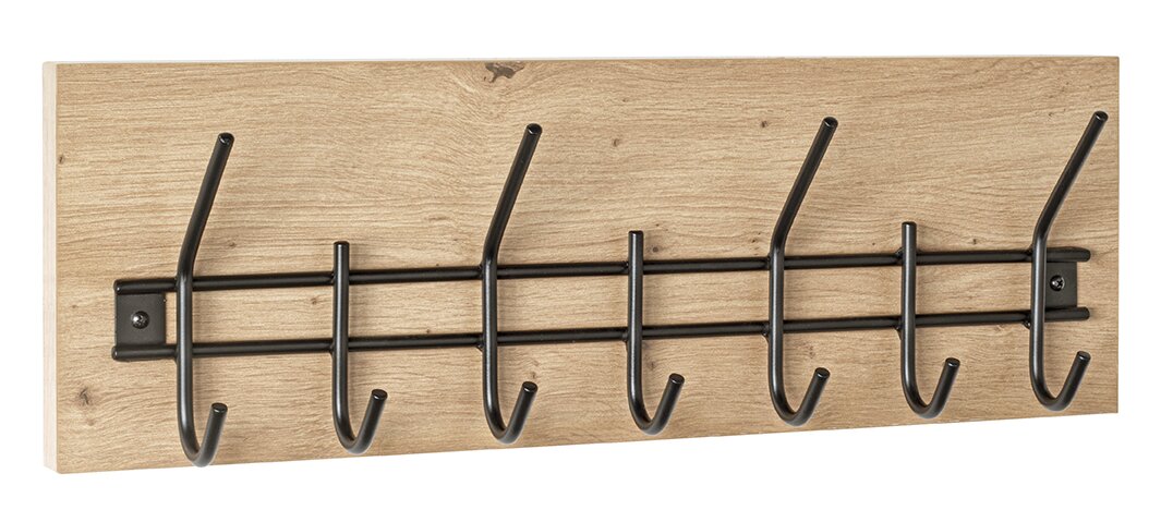 Wandgarderobe mit Holzbrett in heller Eichenoptik und schwarzer Metall-Hakenleiste mit 7 Doppelhaken, frontale Ansicht