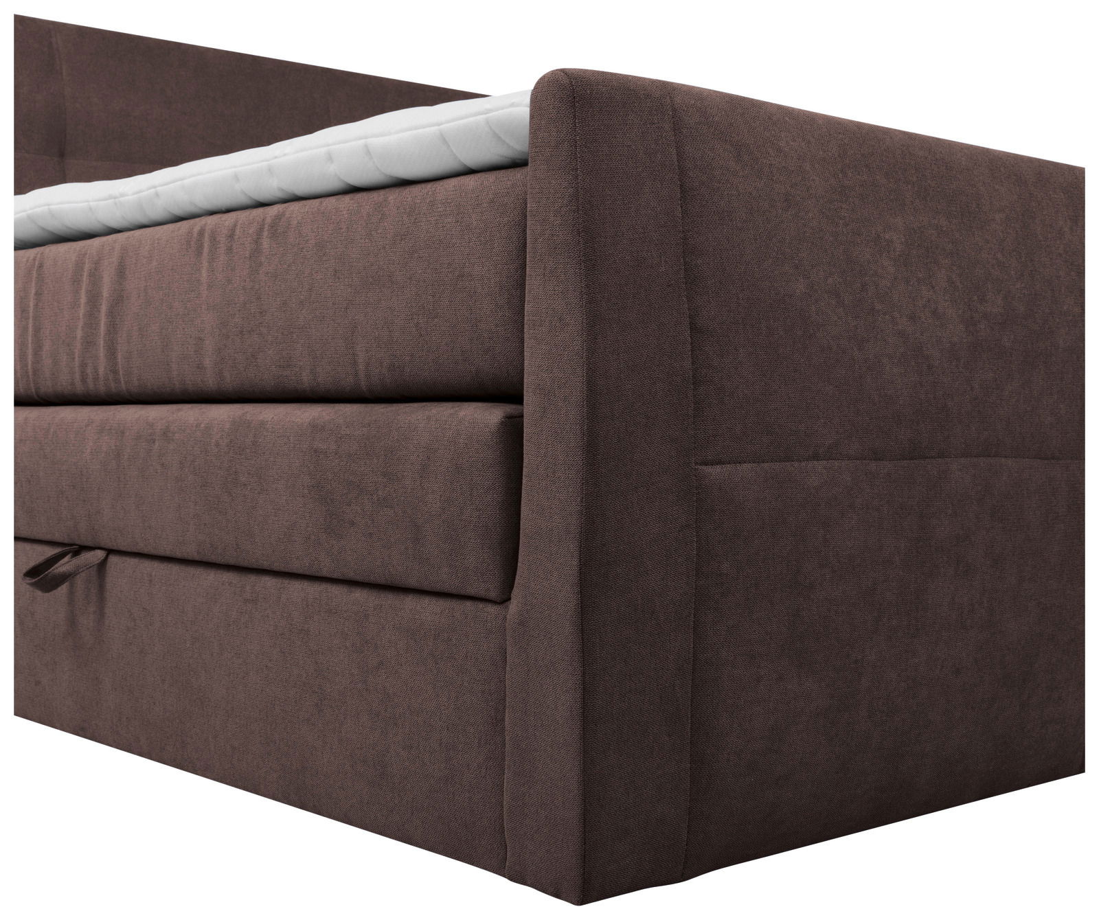 Nahaufnahme eines braunen Boxspringbetts von der Seite mit sichtbarer Matratze und Stoffbezug.