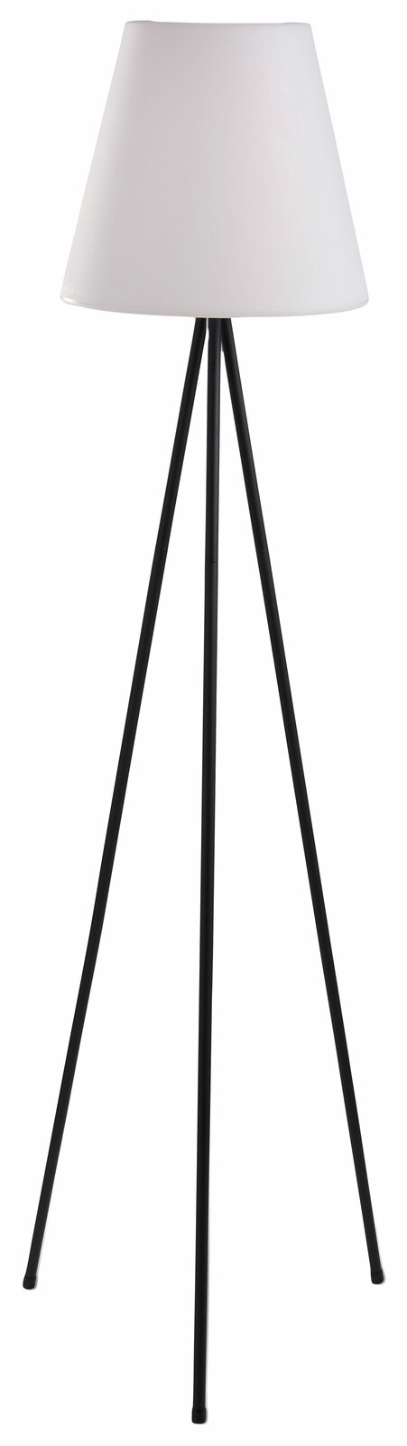 Solar Standleuchte mit dreibeinigem schwarzen Gestell und weißem Lampenschirm, frontal betrachtet.