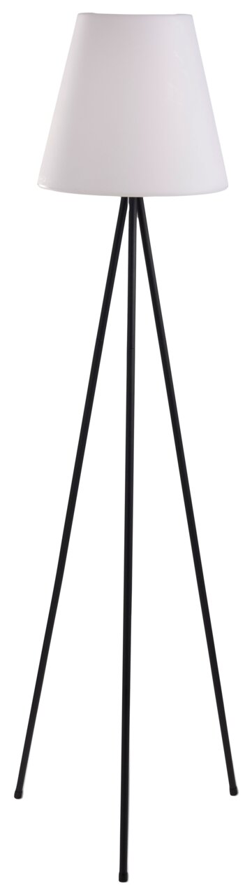 Kynast Exclusive Solar Standleuchte Solar Standleuchte mit dreibeinigem schwarzen Gestell und weißem Lampenschirm, frontal betrachtet.