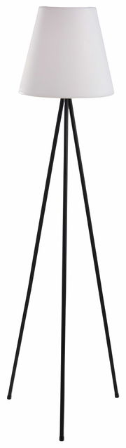 Solar Standleuchte mit dreibeinigem schwarzen Gestell und weißem Lampenschirm, frontal betrachtet.