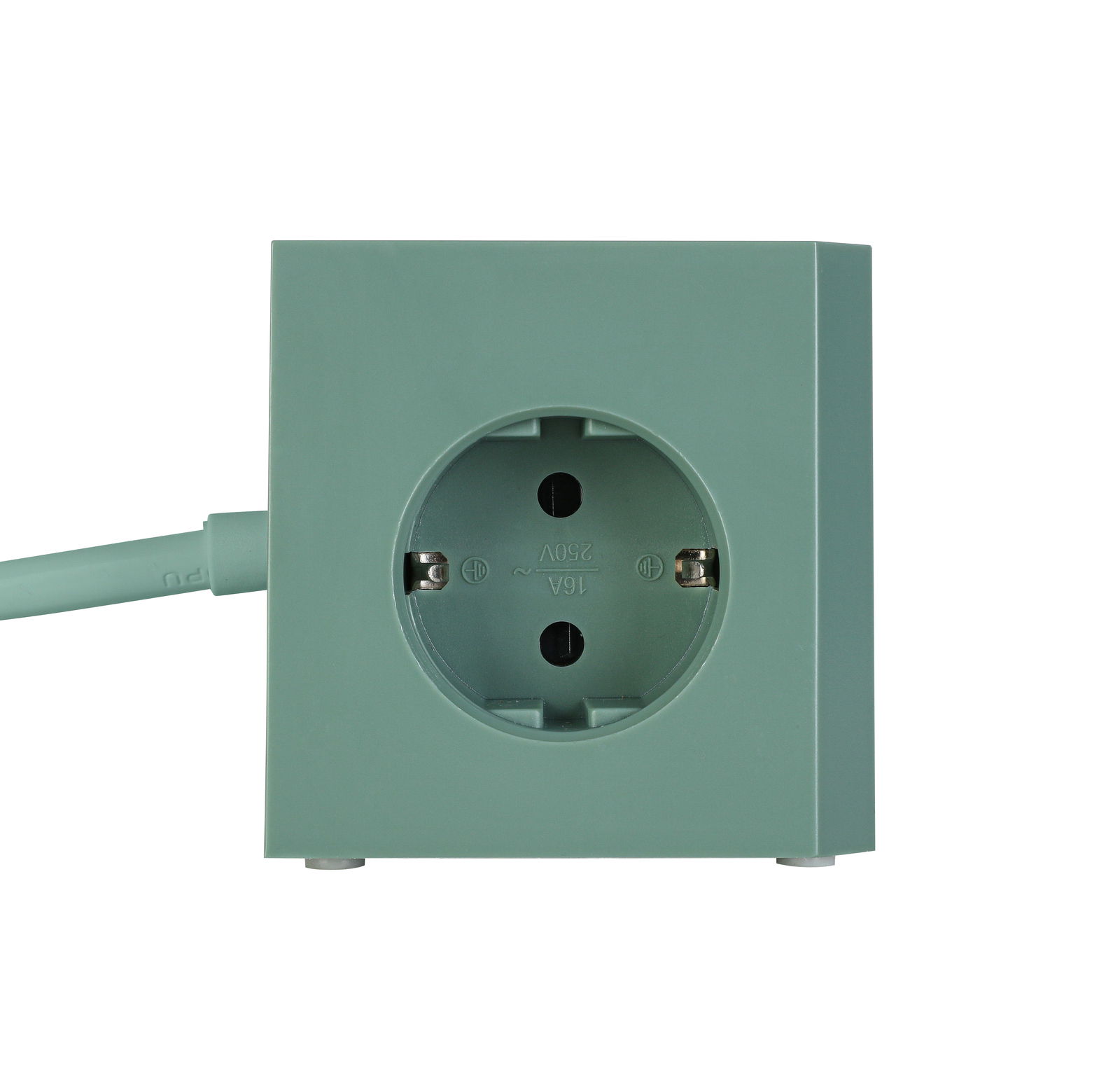 Grüner Steckdosenwürfel mit einer Steckdose, frontal abgebildet.