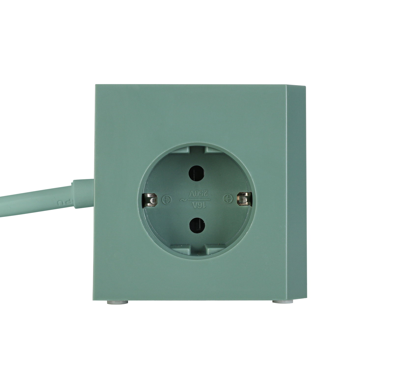 Grüner Steckdosenwürfel mit einer Steckdose, frontal abgebildet.
