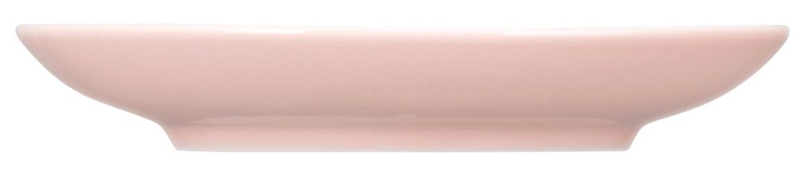 Zijaanzicht van een klein, roze schoteltje met een glad oppervlak.