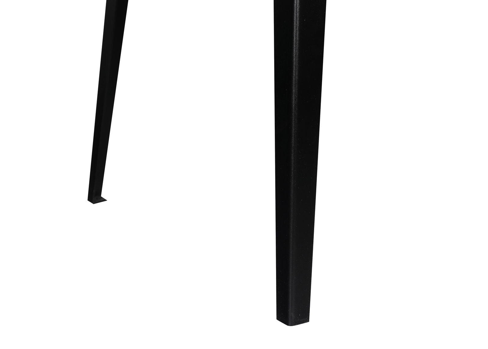 Schwarzes Tischbein eines Esstisches, seitliche Perspektive