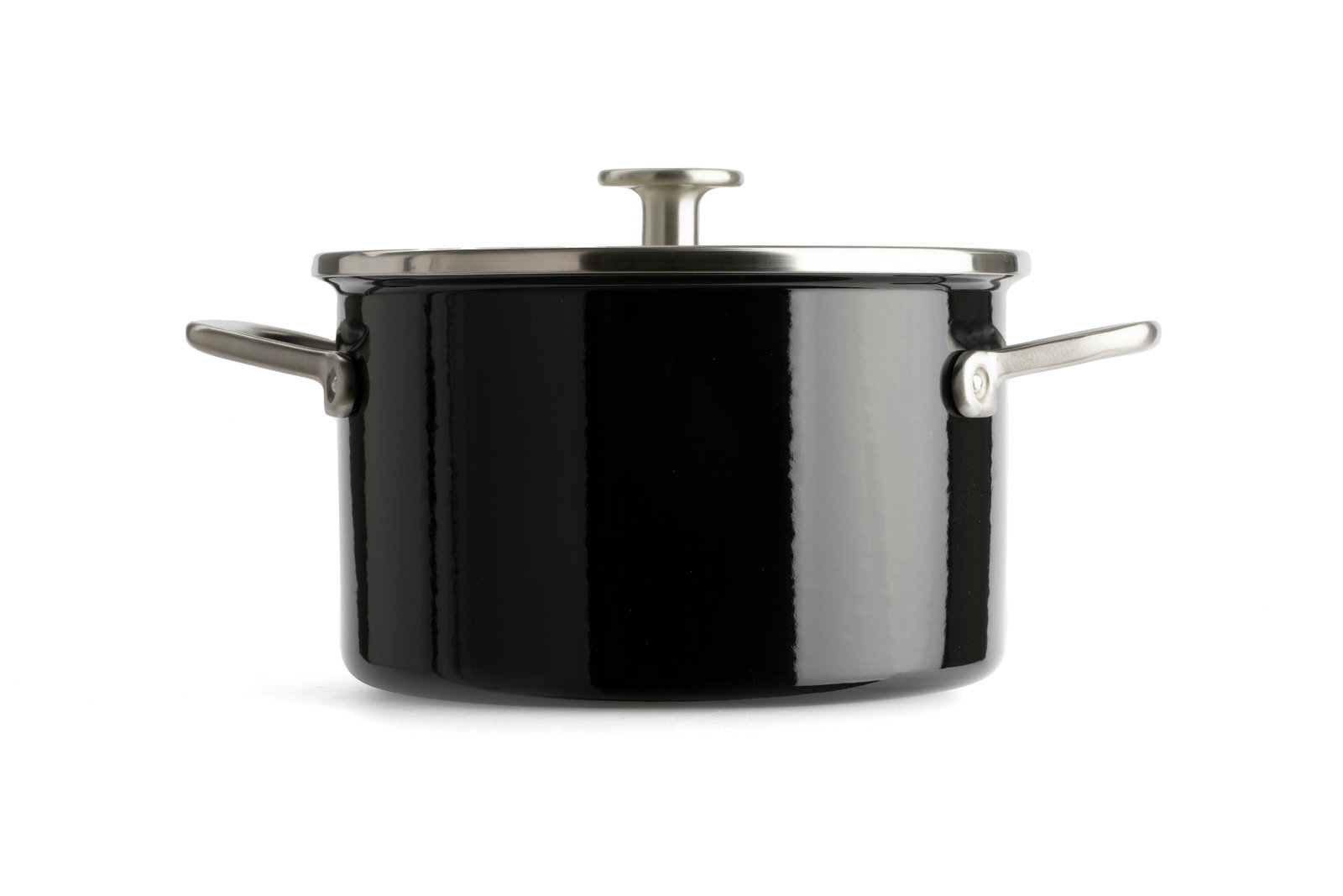 Schwarzer Topf mit Deckel und zwei Griffen, seitliche Perspektive