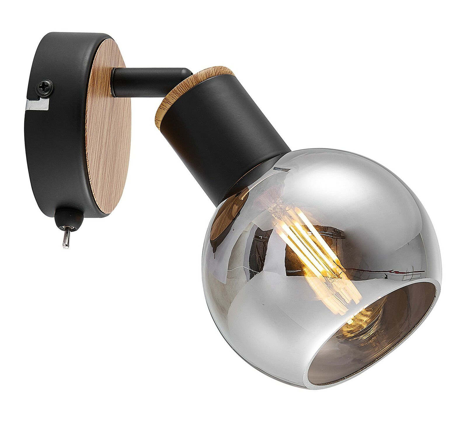 Moderner Strahler mit schwarzem und holzfarbenem Sockel, seitliche Perspektive