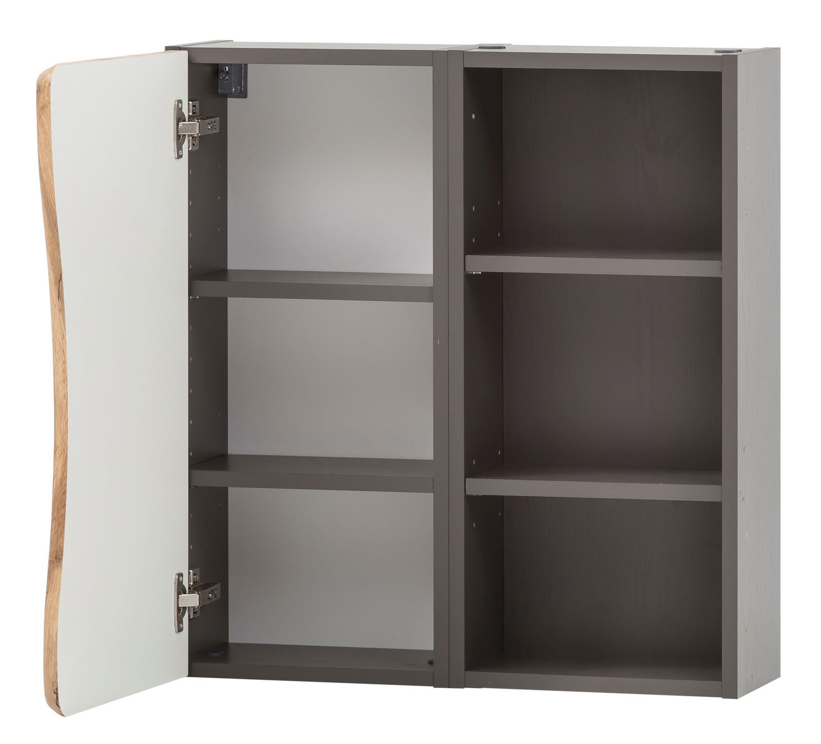 Hängeschrank 60 mit geöffneter Tür, drei Regalböden und moderner Holzoptik, seitliche Perspektive