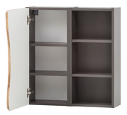 Hängeschrank 60 mit geöffneter Tür, drei Regalböden und moderner Holzoptik, seitliche Perspektive