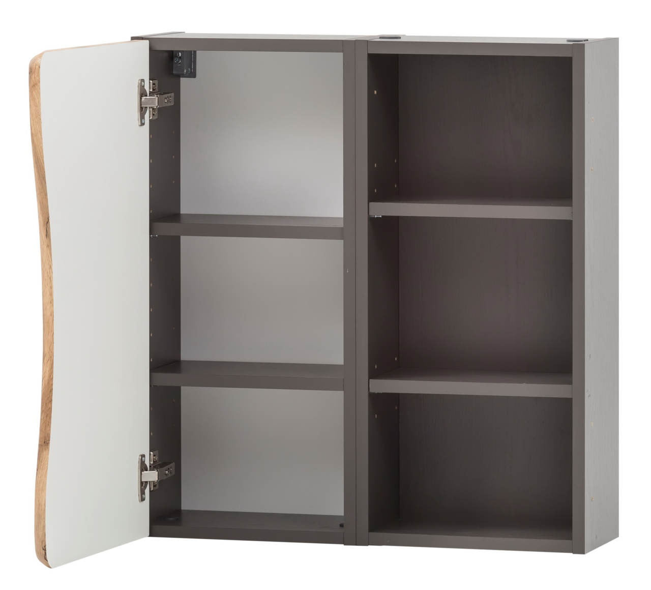 Hängeschrank 60 mit geöffneter Tür, drei Regalböden und moderner Holzoptik, seitliche Perspektive