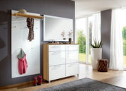 Garderoben-Set 3-tlg. in modernem Design mit Spiegel, Hakenleiste und Schuhschrank, seitliche Perspektive