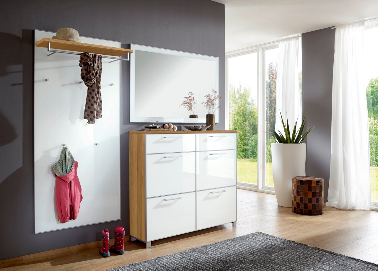 Garderoben-Set 3-tlg. in modernem Design mit Spiegel, Hakenleiste und Schuhschrank, seitliche Perspektive