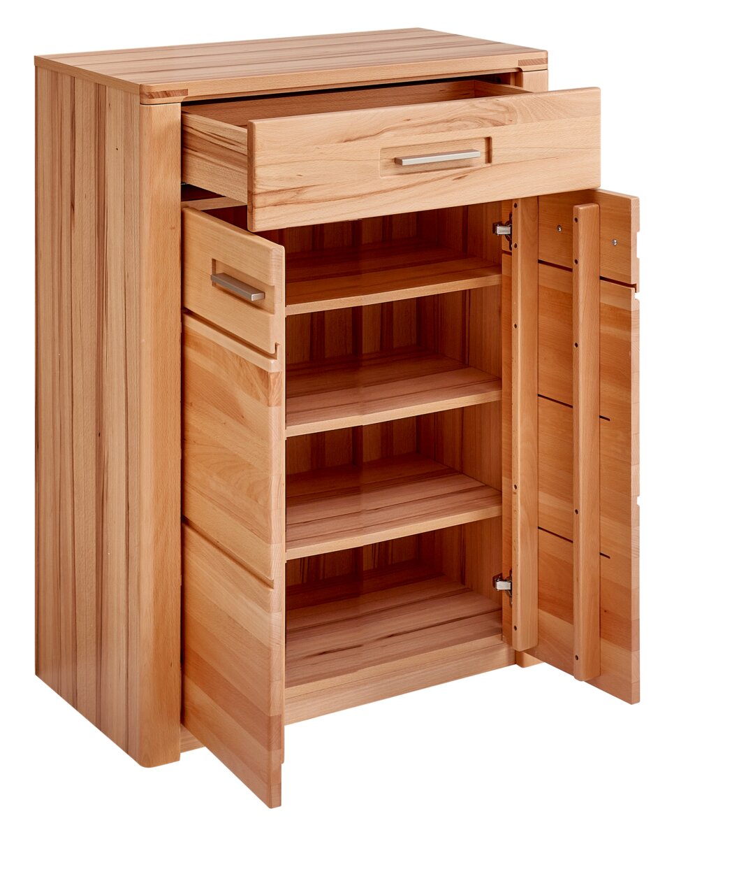 Schuhschrank aus Holz mit geöffneter Schublade und Türen, seitliche Perspektive