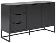 Modernes schwarzes Sideboard mit zwei Türen und drei Schubladen, seitliche Perspektive