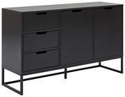 Modernes schwarzes Sideboard mit zwei Türen und drei Schubladen, seitliche Perspektive