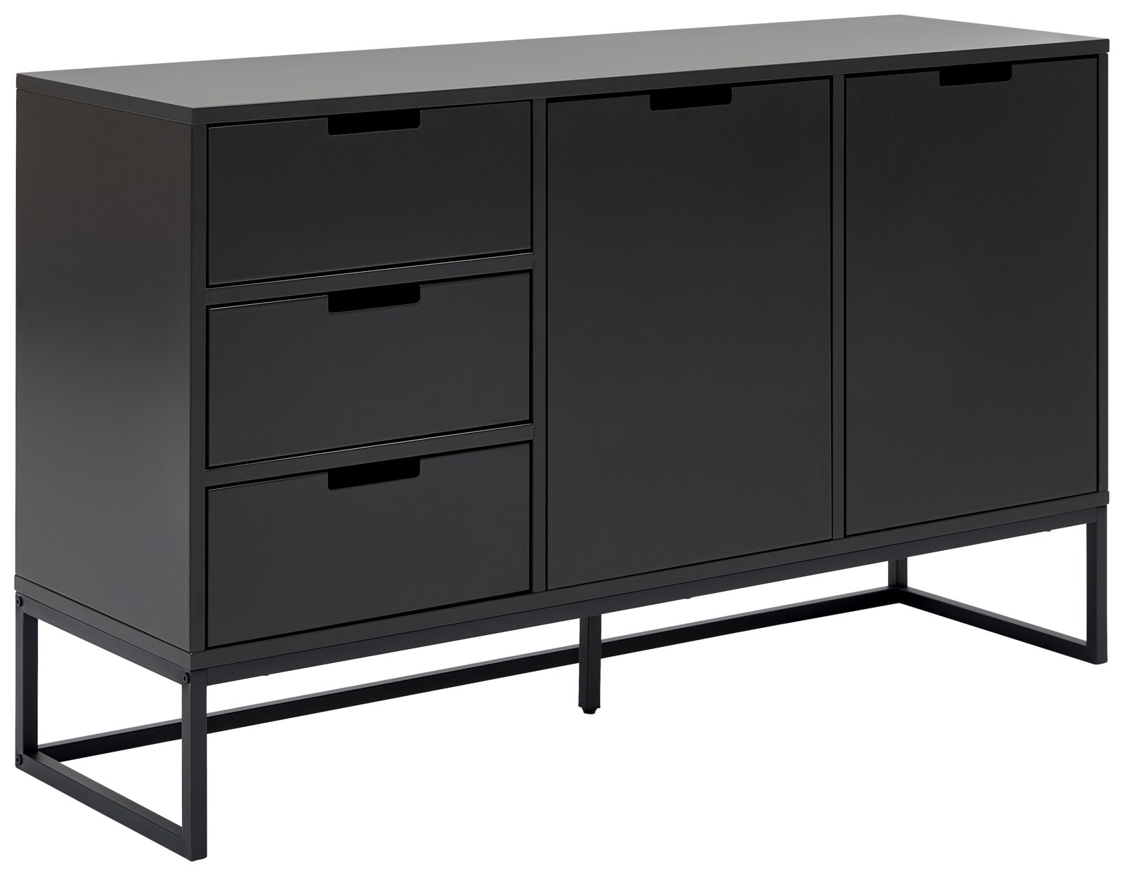Novel Sideboard KUNO Modernes schwarzes Sideboard mit zwei Türen und drei Schubladen, seitliche Perspektive