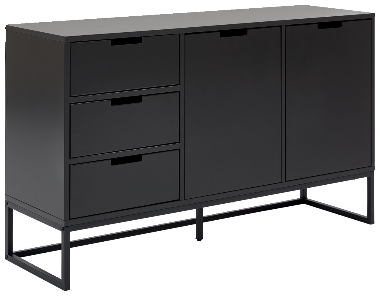 Modernes schwarzes Sideboard mit zwei Türen und drei Schubladen, seitliche Perspektive