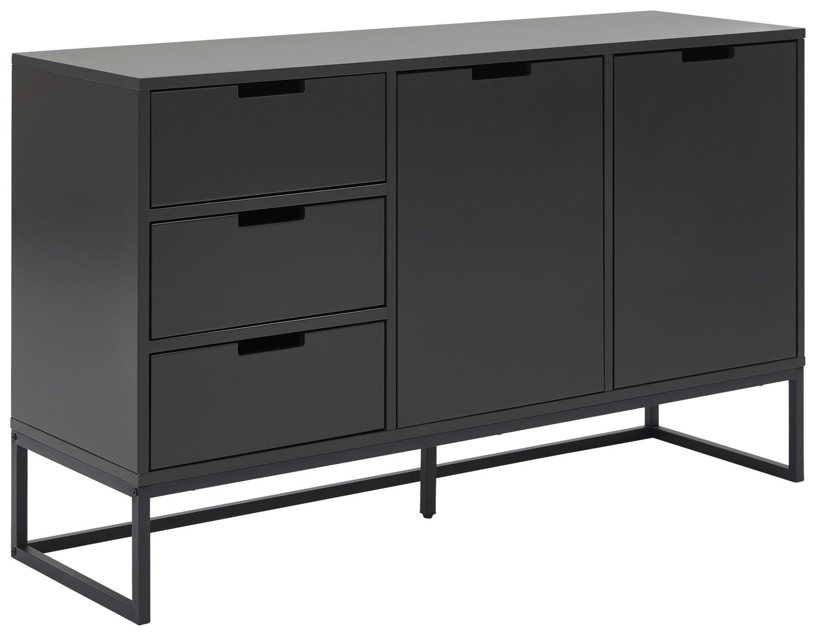 Modernes schwarzes Sideboard mit zwei Türen und drei Schubladen, seitliche Perspektive