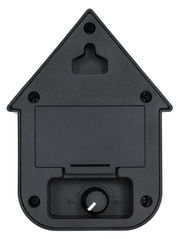 Rückansicht einer schwarzen Soundbox in Form eines Hauses mit Lautstärkeregler und Wandhalterung.