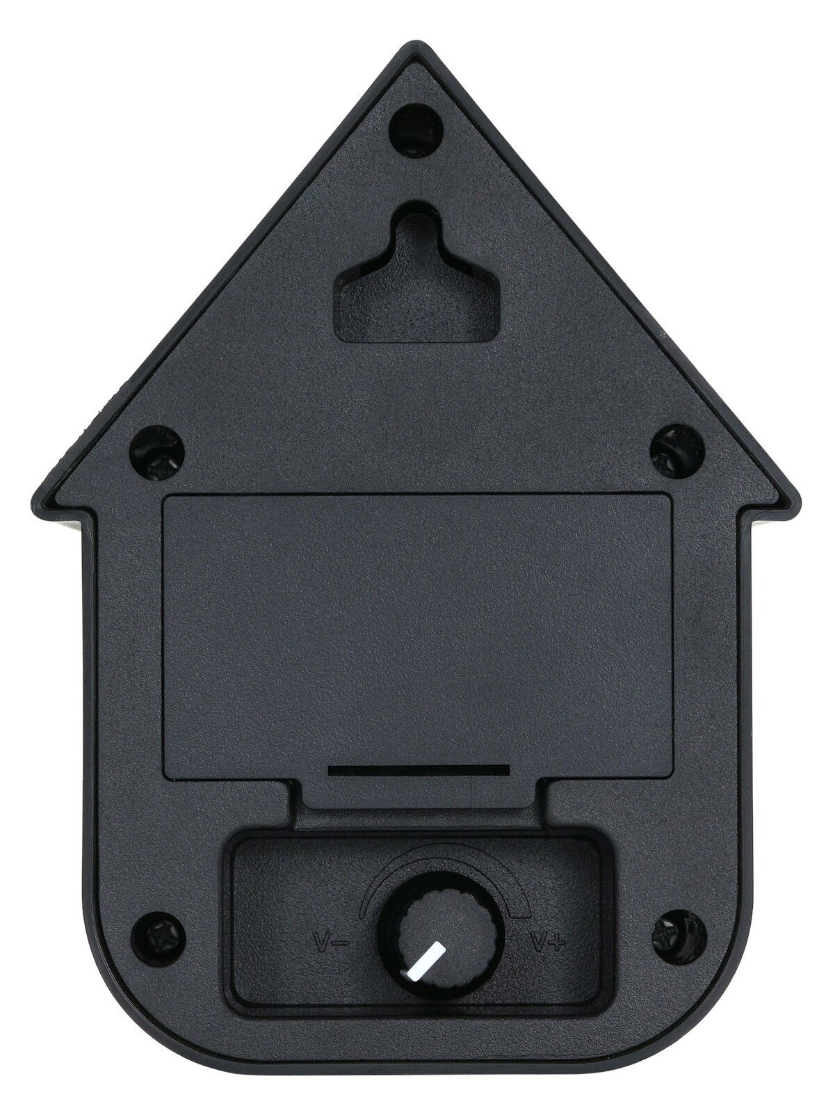 Rückansicht einer schwarzen Soundbox in Form eines Hauses mit Lautstärkeregler und Wandhalterung.