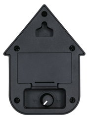 Rückansicht einer schwarzen Soundbox in Form eines Hauses mit Lautstärkeregler und Wandhalterung.