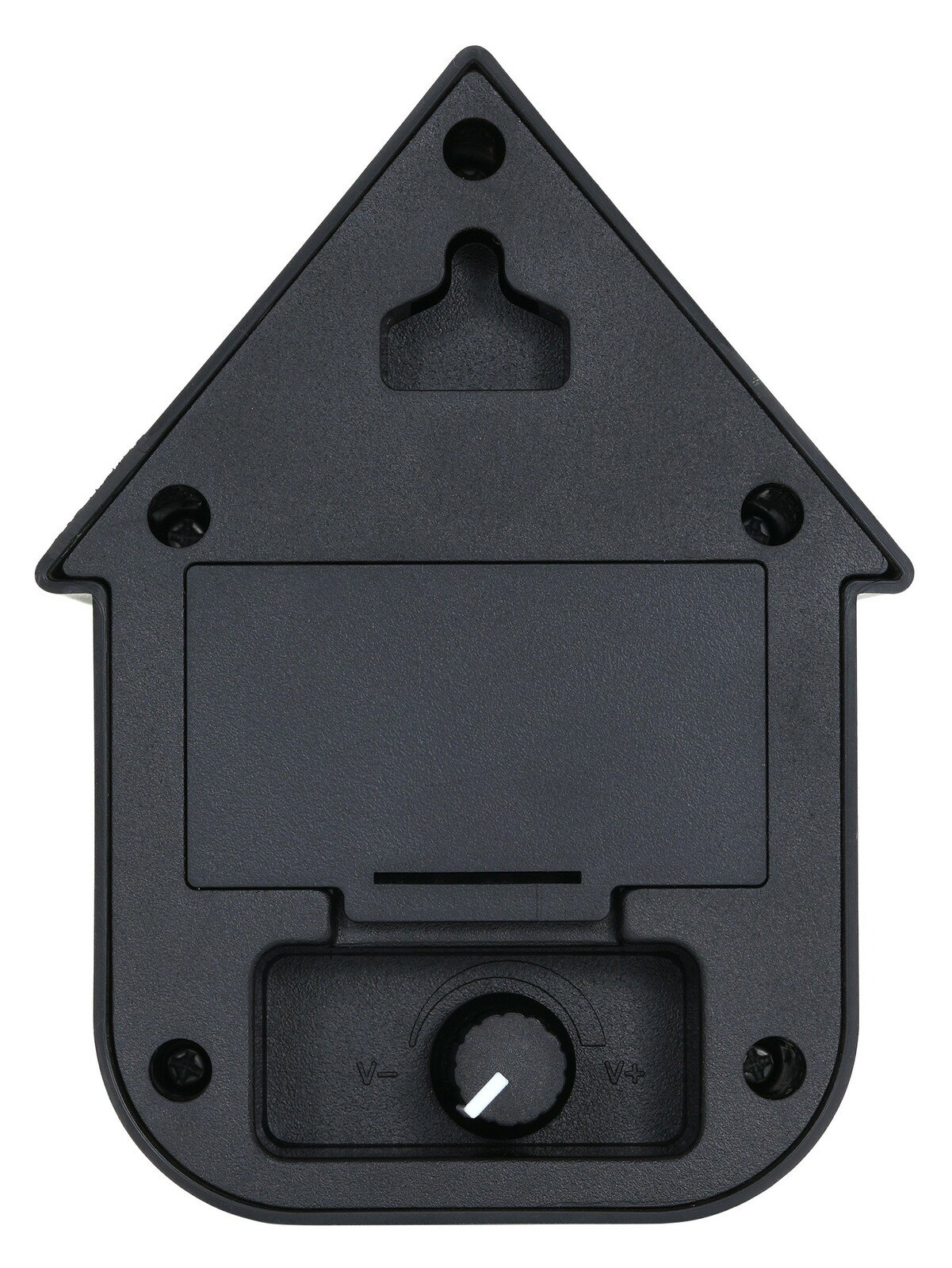 Rückansicht einer schwarzen Soundbox in Form eines Hauses mit Lautstärkeregler und Wandhalterung.