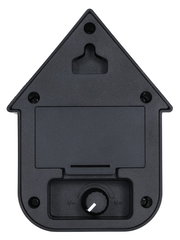Rückansicht einer schwarzen Soundbox in Form eines Hauses mit Lautstärkeregler und Wandhalterung.