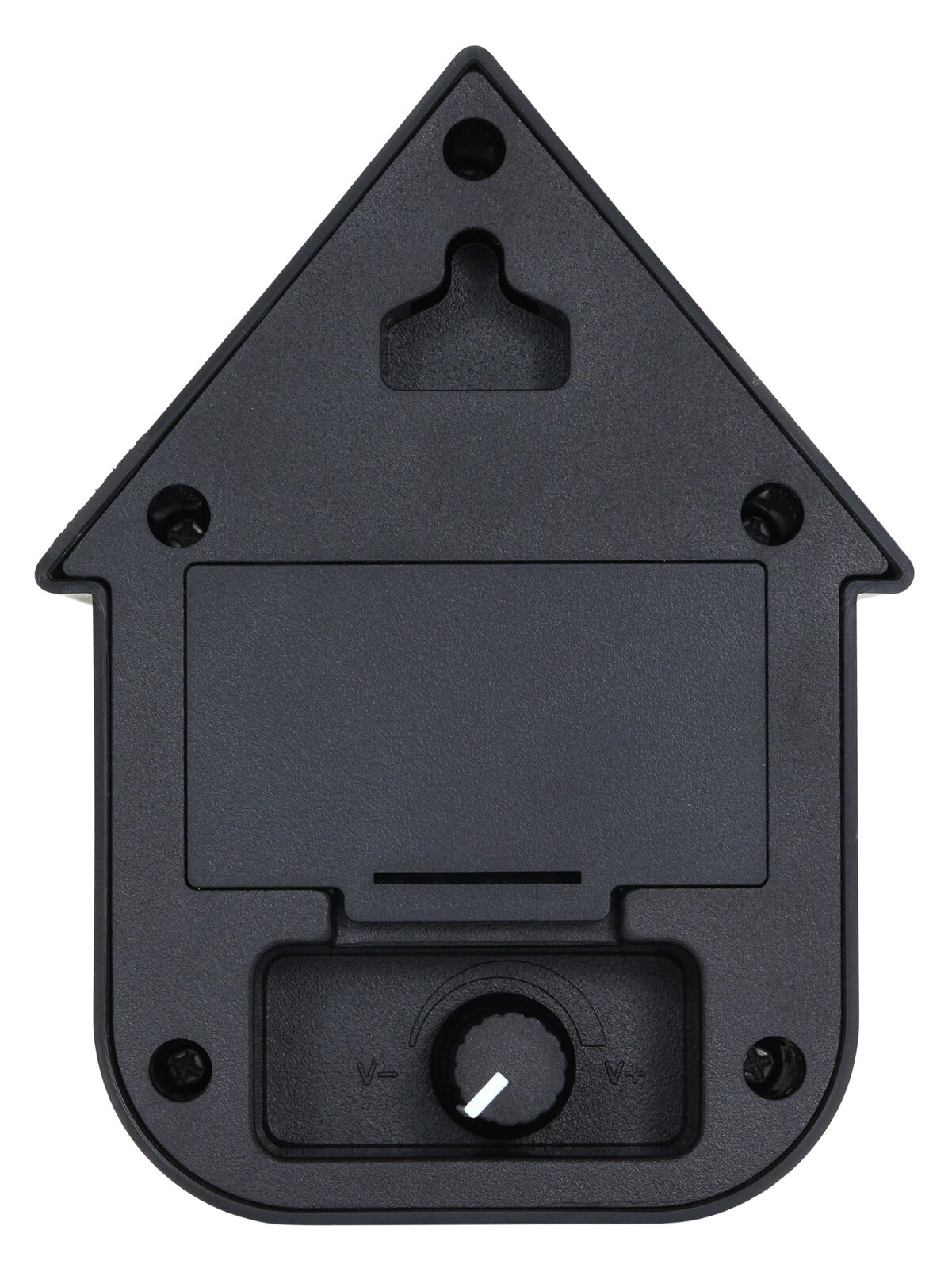Rückansicht einer schwarzen Soundbox in Form eines Hauses mit Lautstärkeregler und Wandhalterung.
