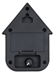 Rückansicht einer schwarzen Soundbox in Form eines Hauses mit Lautstärkeregler und Wandhalterung.
