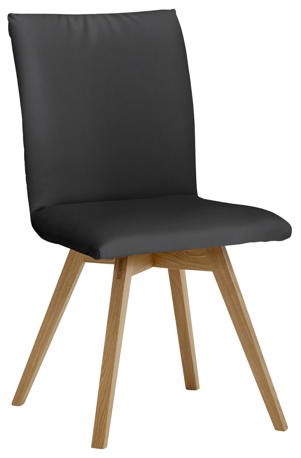 Moderner Stuhl mit schwarzem Polstersitz und Rückenlehne, sowie Holzbeinen, seitliche Perspektive