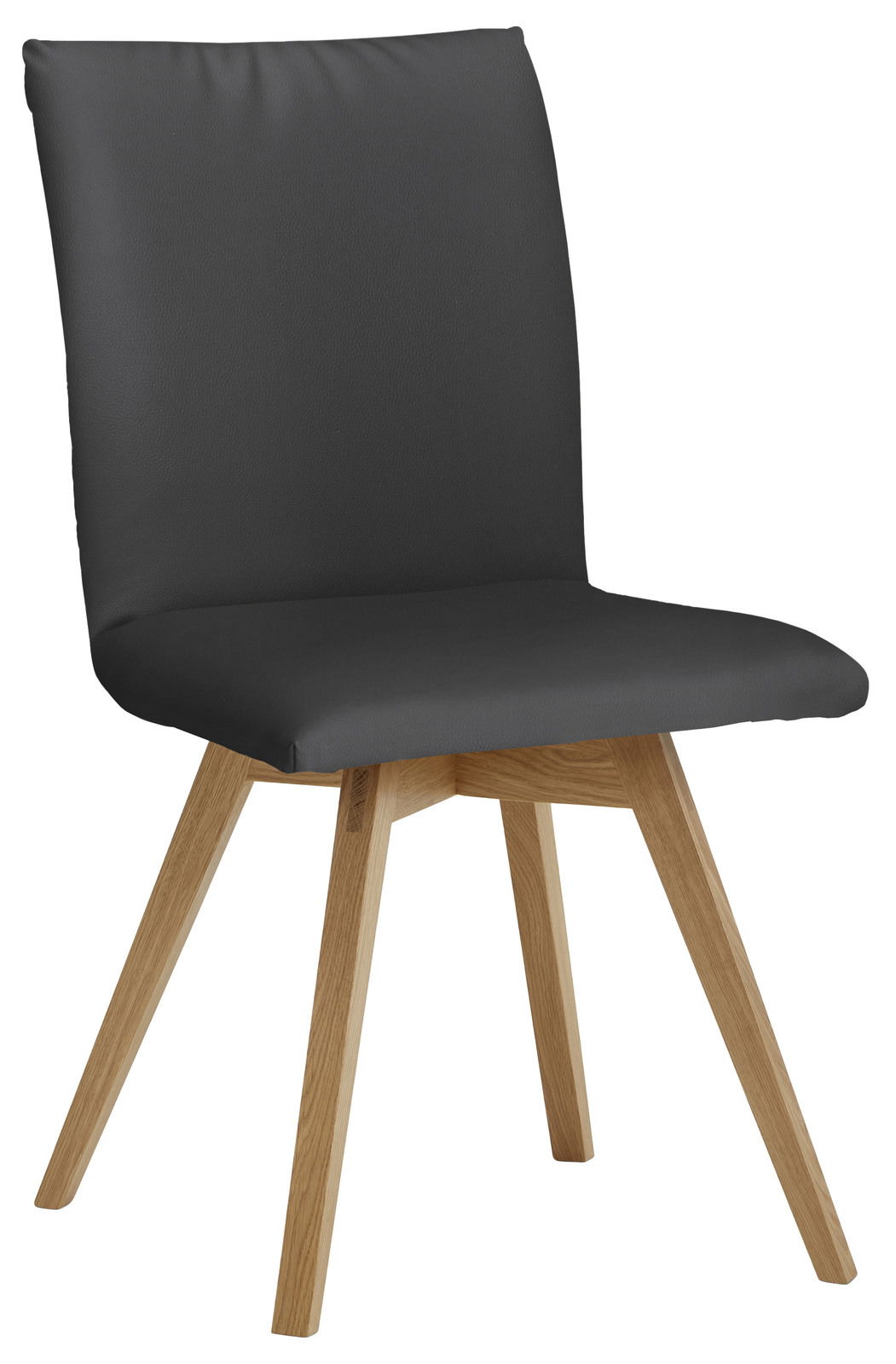 Moderner Stuhl mit schwarzem Polstersitz und Rückenlehne, sowie Holzbeinen, seitliche Perspektive