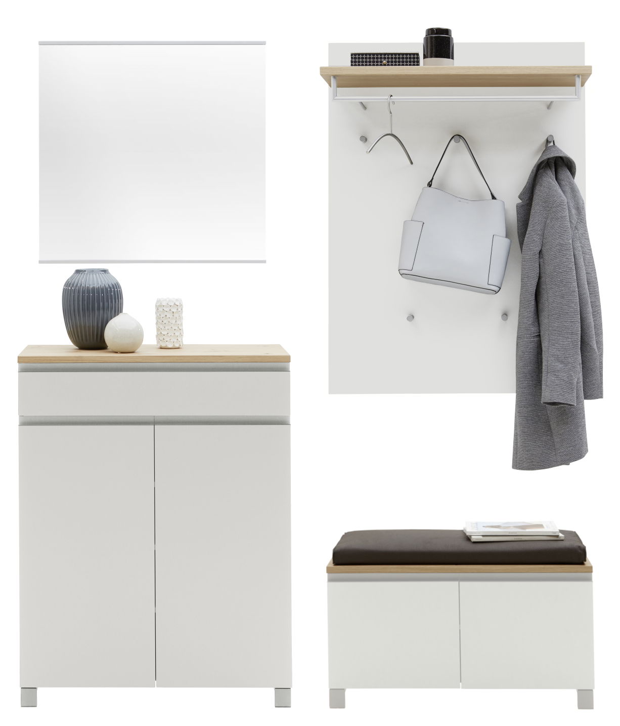 Garderoben-Set 5-tlg. in moderner Perspektive, bestehend aus einem weißen Schrank mit Holzoberfläche, einer Wandgarderobe mit Haken und Ablage, sowie einer Sitzbank mit Stauraum.