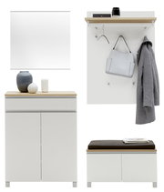 Garderoben-Set 5-tlg. in moderner Perspektive, bestehend aus einem weißen Schrank mit Holzoberfläche, einer Wandgarderobe mit Haken und Ablage, sowie einer Sitzbank mit Stauraum.