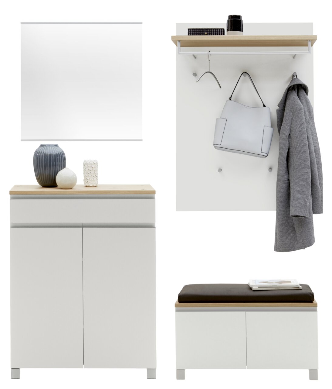 Dieter Knoll Garderoben-Set 5-tlg. SORRENT Garderoben-Set 5-tlg. in moderner Perspektive, bestehend aus einem weißen Schrank mit Holzoberfläche, einer Wandgarderobe mit Haken und Ablage, sowie einer Sitzbank mit Stauraum.