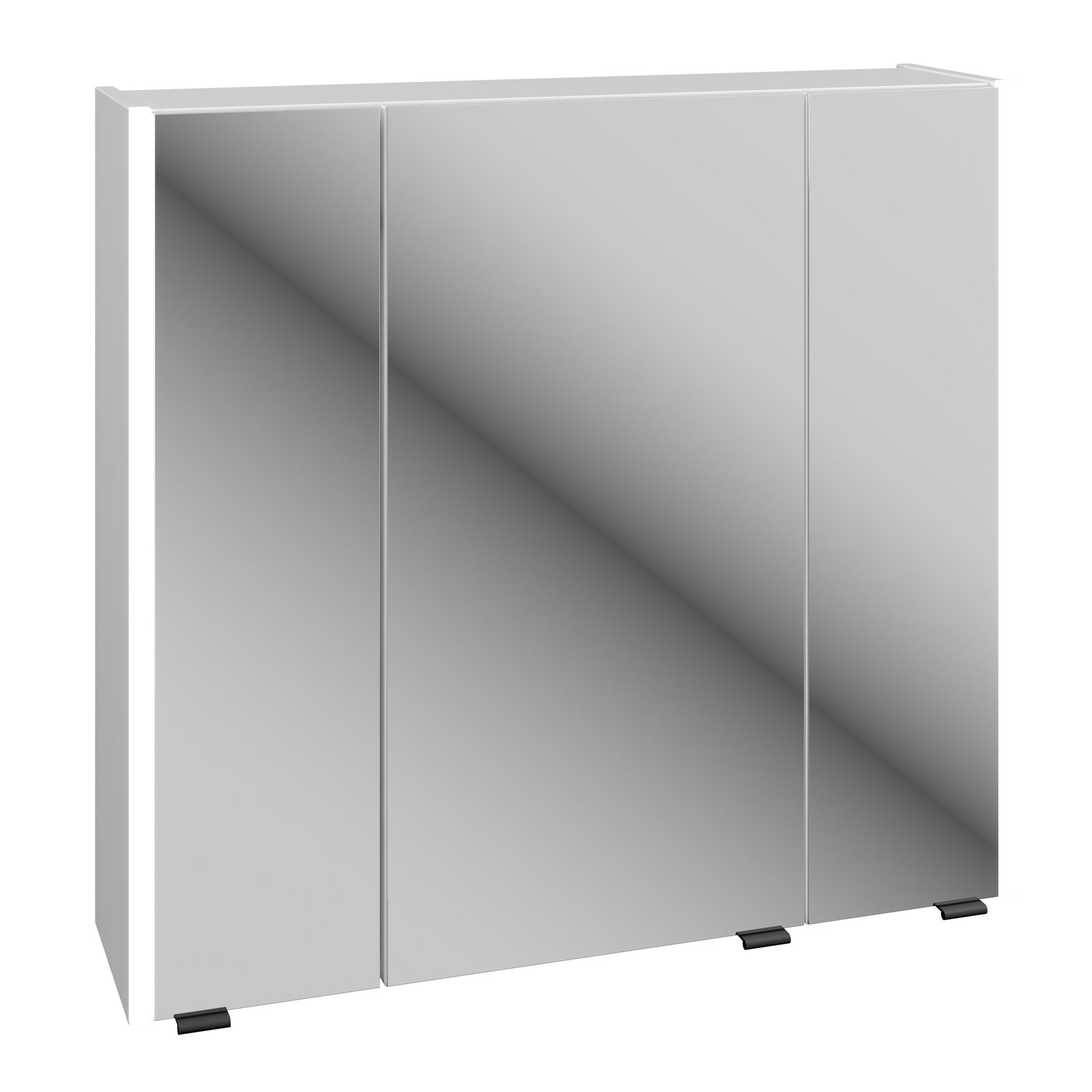 Moderner Spiegelschrank mit drei Türen, frontal betrachtet, 76 cm breit.