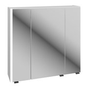 Moderner Spiegelschrank mit drei Türen, frontal betrachtet, 76 cm breit.