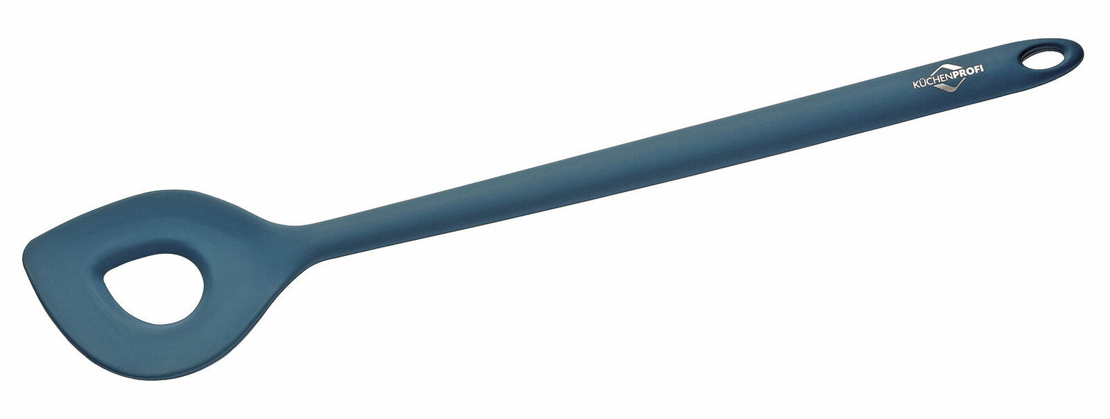 Blauer Rührlöffel aus Kunststoff, seitliche Perspektive