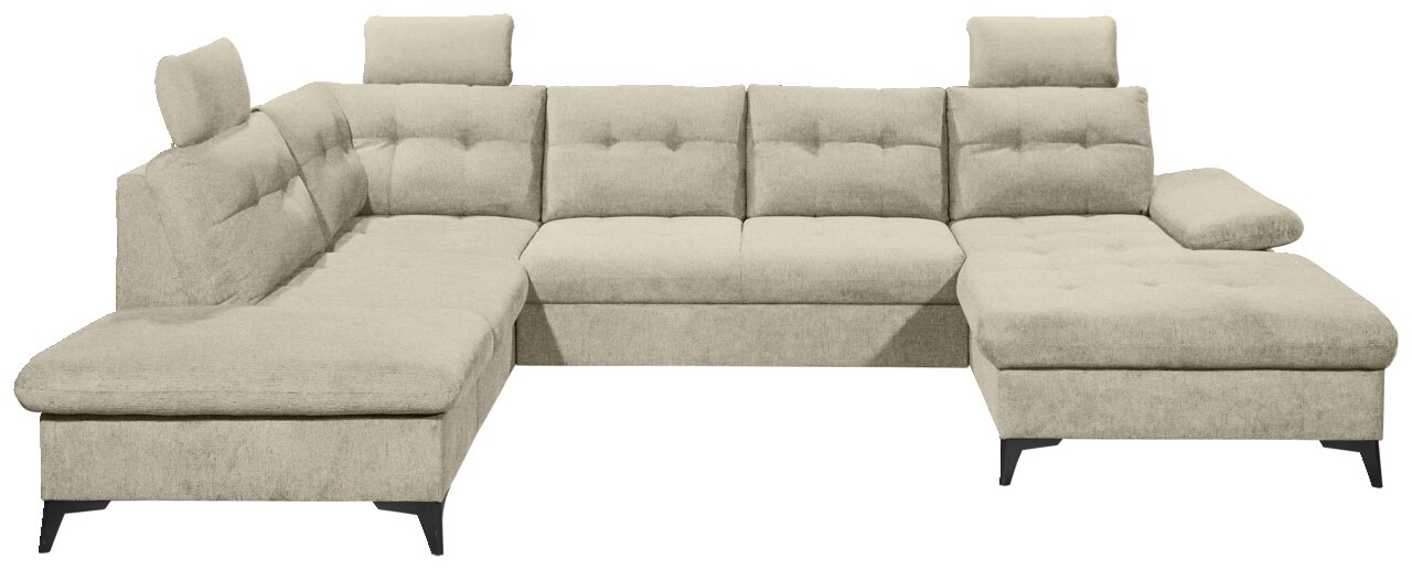 Beige Ecksofa in U-Form mit verstellbaren Kopfstützen, frontal betrachtet