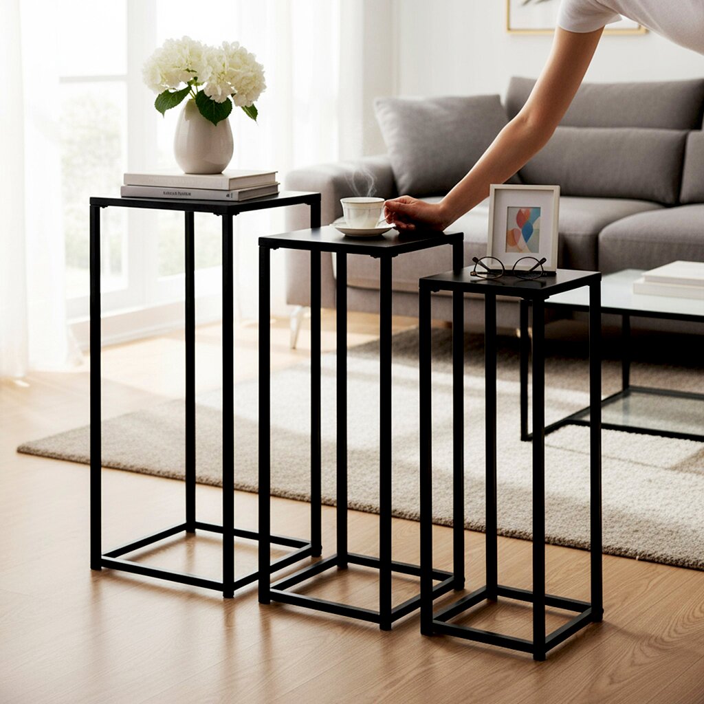 Dreiteiliges Set moderner Beistelltische in Schwarz mit quadratischem Metallrahmen im Wohnzimmer, dekoriert mit Vase, Büchern und Bilderrahmen Perspektive: leicht seitliche Ansicht auf Augenhöhe.