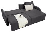 Graues Ecksofa mit ausziehbarer Liegefläche, dekoriert mit einem weißen Kissen und einer weißen Decke, aus der Vogelperspektive.