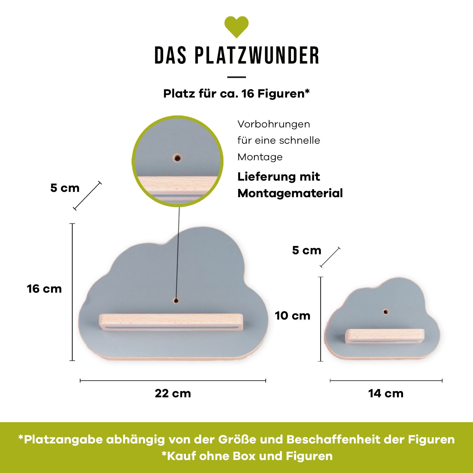 Infografik eines wolkenförmigen Wandregals in Hellblau mit Holzablage, Vorbohrung und Montagematerial, Maße 22×16 cm (groß) und 14×10 cm (klein), Platz für ca. 16 Figuren, gezeigt in frontaler Ansicht.