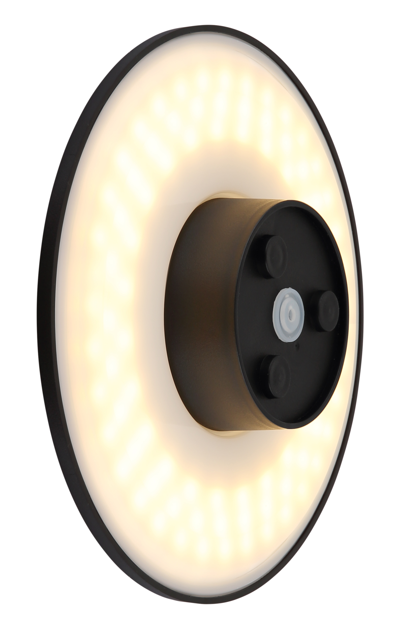 LED-Außenwandleuchte in seitlicher Perspektive mit rundem, leuchtendem Design