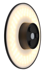 LED-Außenwandleuchte in seitlicher Perspektive mit rundem, leuchtendem Design