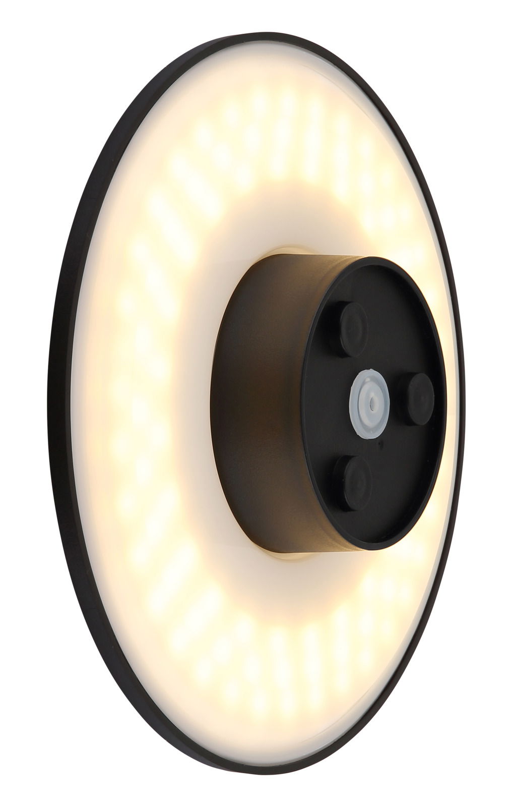 LED-Außenwandleuchte in seitlicher Perspektive mit rundem, leuchtendem Design