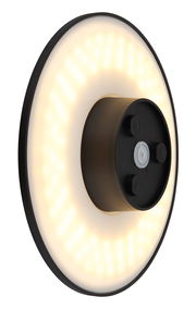 LED-Außenwandleuchte in seitlicher Perspektive mit rundem, leuchtendem Design