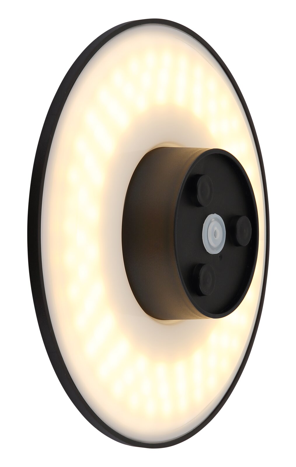 LED-Außenwandleuchte in seitlicher Perspektive mit rundem, leuchtendem Design